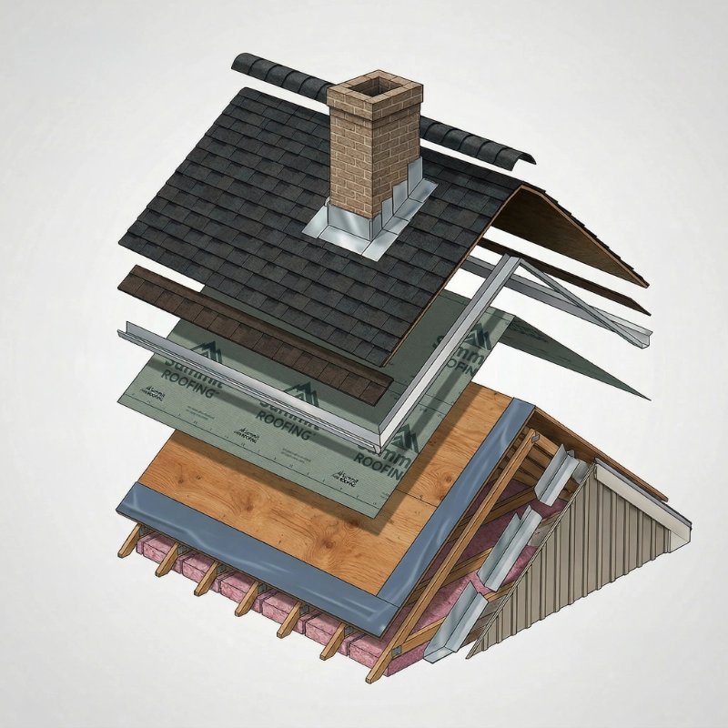 Exploded-view diagram of a roof showing all layers: shingles, underlayment, ice and water shield, decking, rafters, insulation, fascia, siding, and gutters